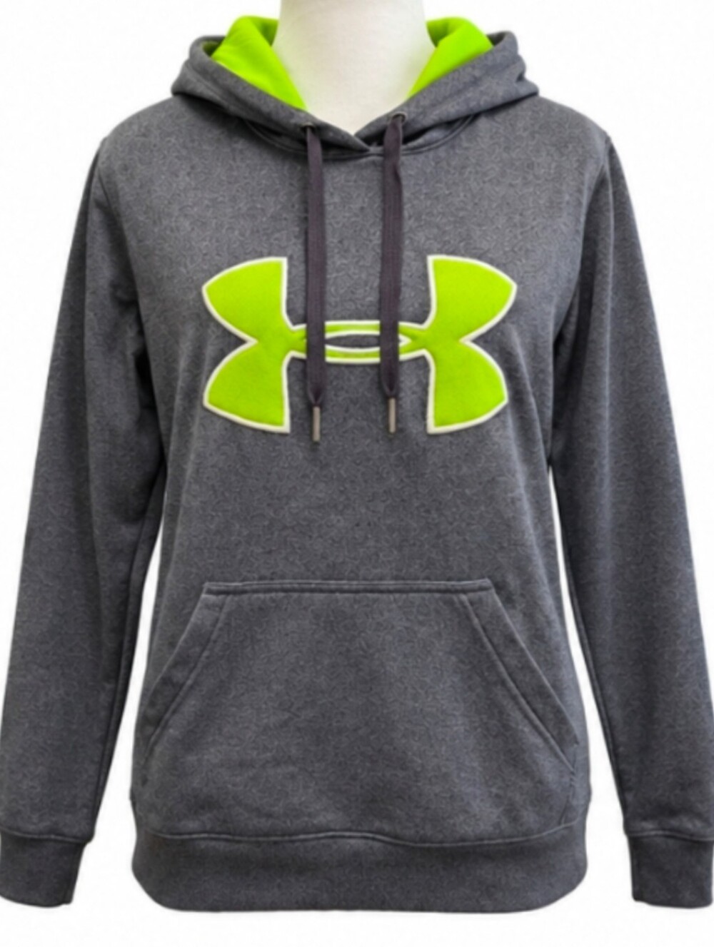 Under Armour Womens Small Big Logo Hoodie Gray Neon Green Pullover Sweatshirt